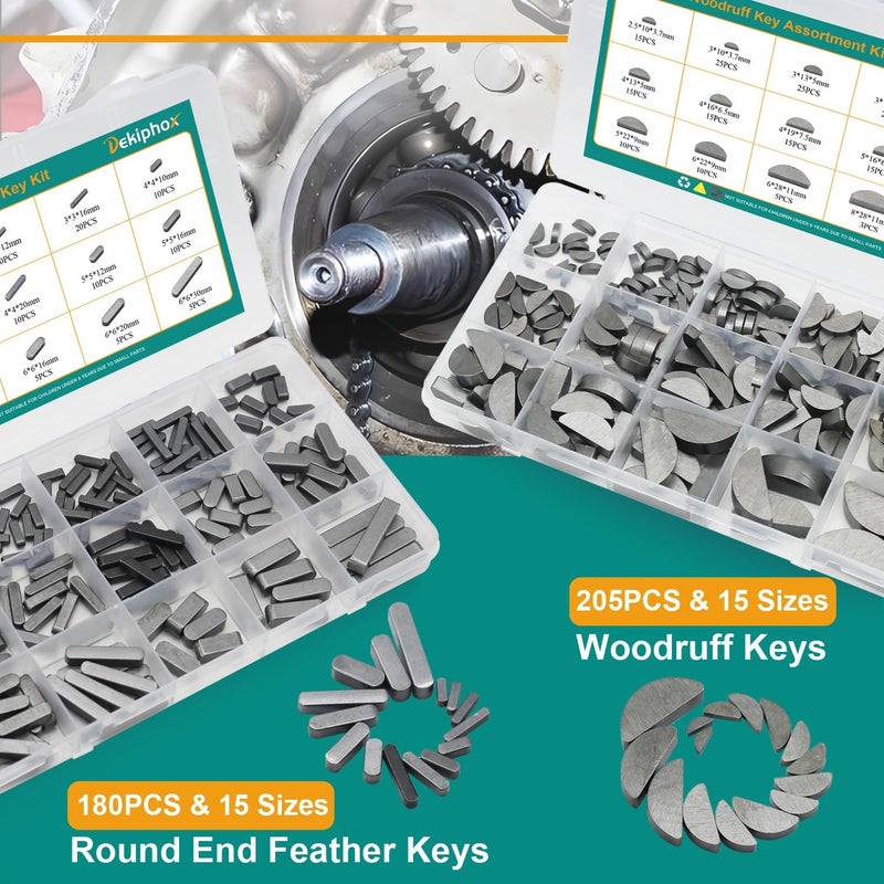 Dekiphox 385pcs Metric Woodruff Key Assortment Kit Popular Sizes Include 205PCS Woodruff Half Moon Keys, 180PCS Round Ended Feather Key for Fasteners Mechanical Industry Crankshaft - Image 4